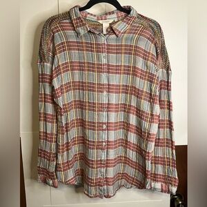Sundance Women’s Size 12 Multicolor Gauzy Cotton Plaid Button Down Shirt